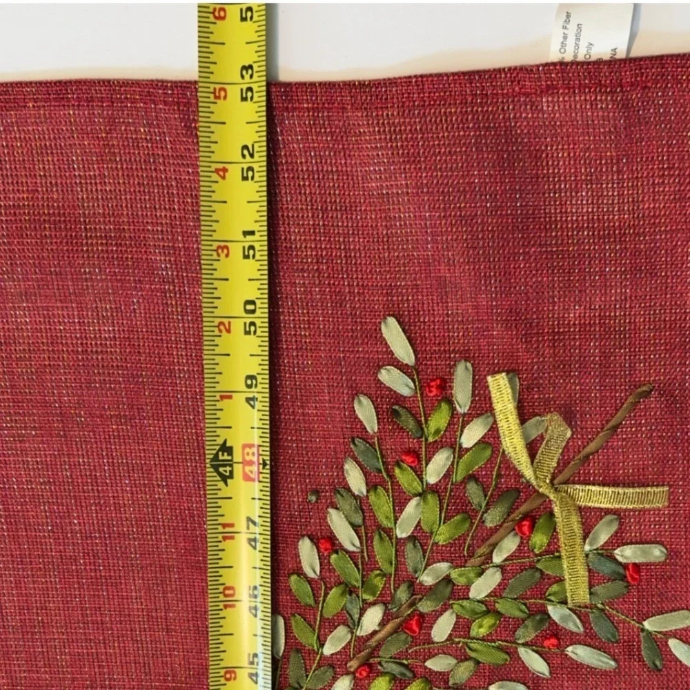 Red Christmas Tablecloth Ribbon Embroidery Mistletoe Poinsettia 53x69 Metallic